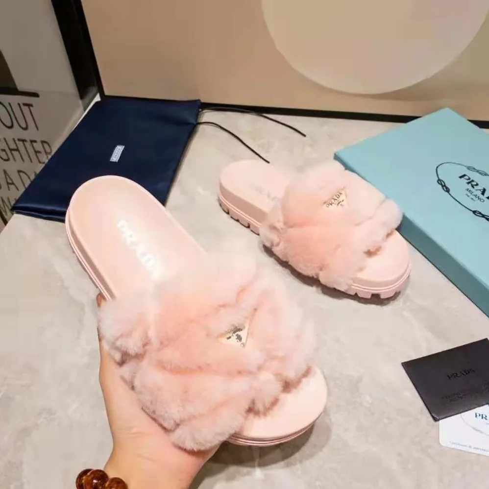 Prada Shearling Slides in 20mm Heel for Women in Pink Prada Shearling Slides in 20mm Heel for Women in Pink
