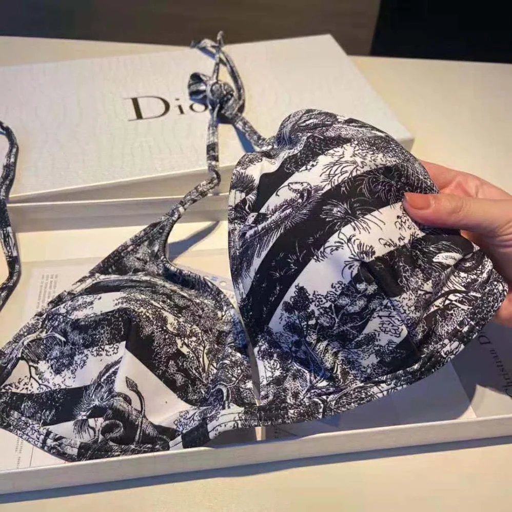Dior Bikini Top Navy Blue Toile de Jouy Stripes Technical Fabric for Women