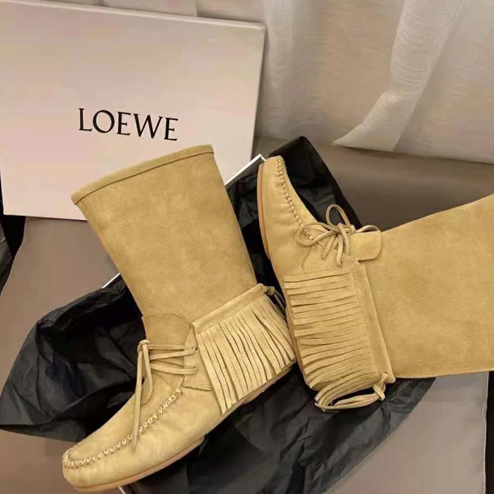 Loewe Fringed Soft Boot in Split Calfskin for Women in Brown