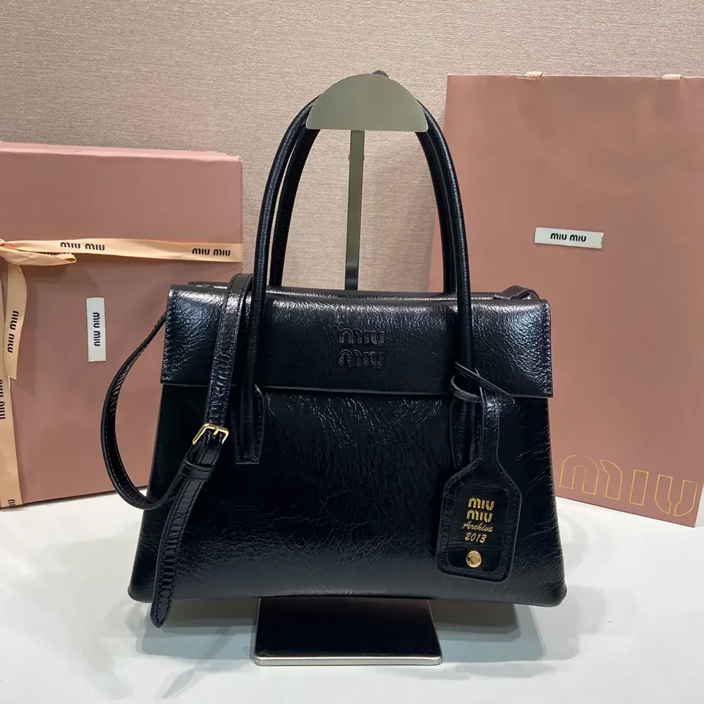 Miu Miu Solitaire Shiny Leather Bag for Women in Black Miu Miu Solitaire Shiny Leather Bag for Women in Black