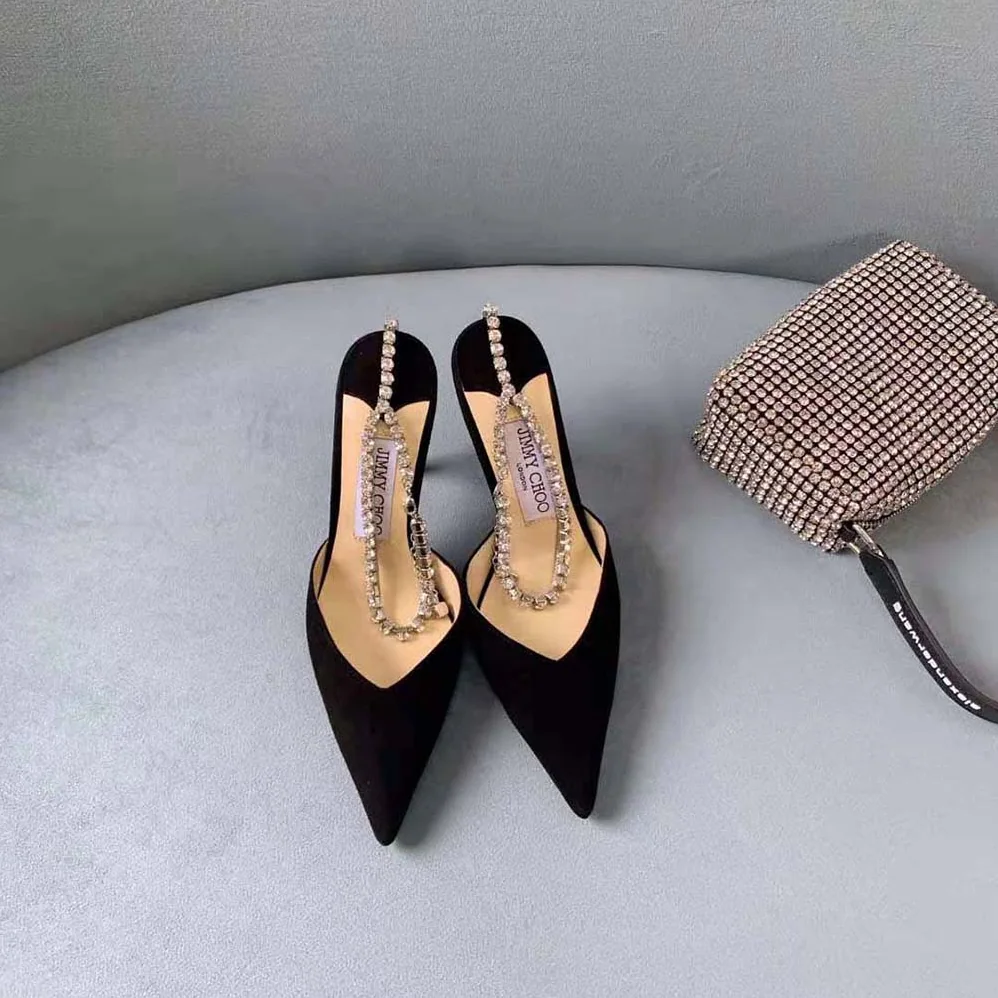 Jimmy Choo Saeda 100 Black Suede Pumps with Crystal Embellishment for Women