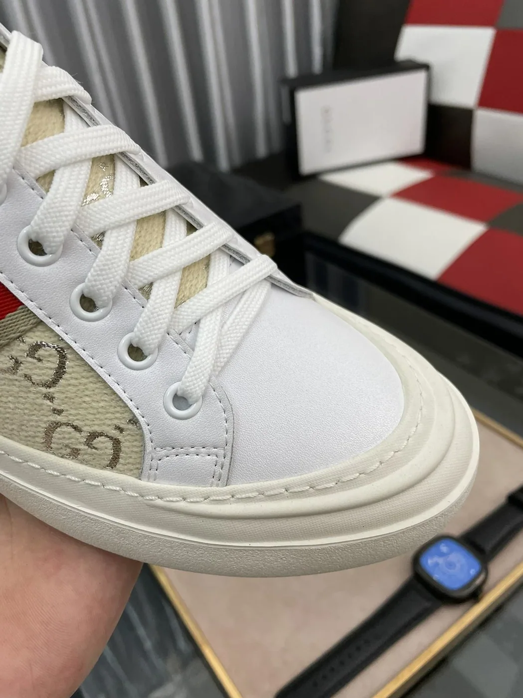 Gucci GG Embroidery Sneaker With Web White And Beige for Men