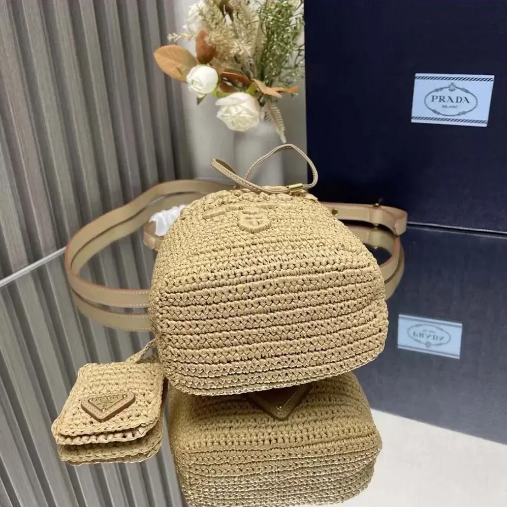 Prada Mini Crochet and Leather Bucket Bag for Women in Natural