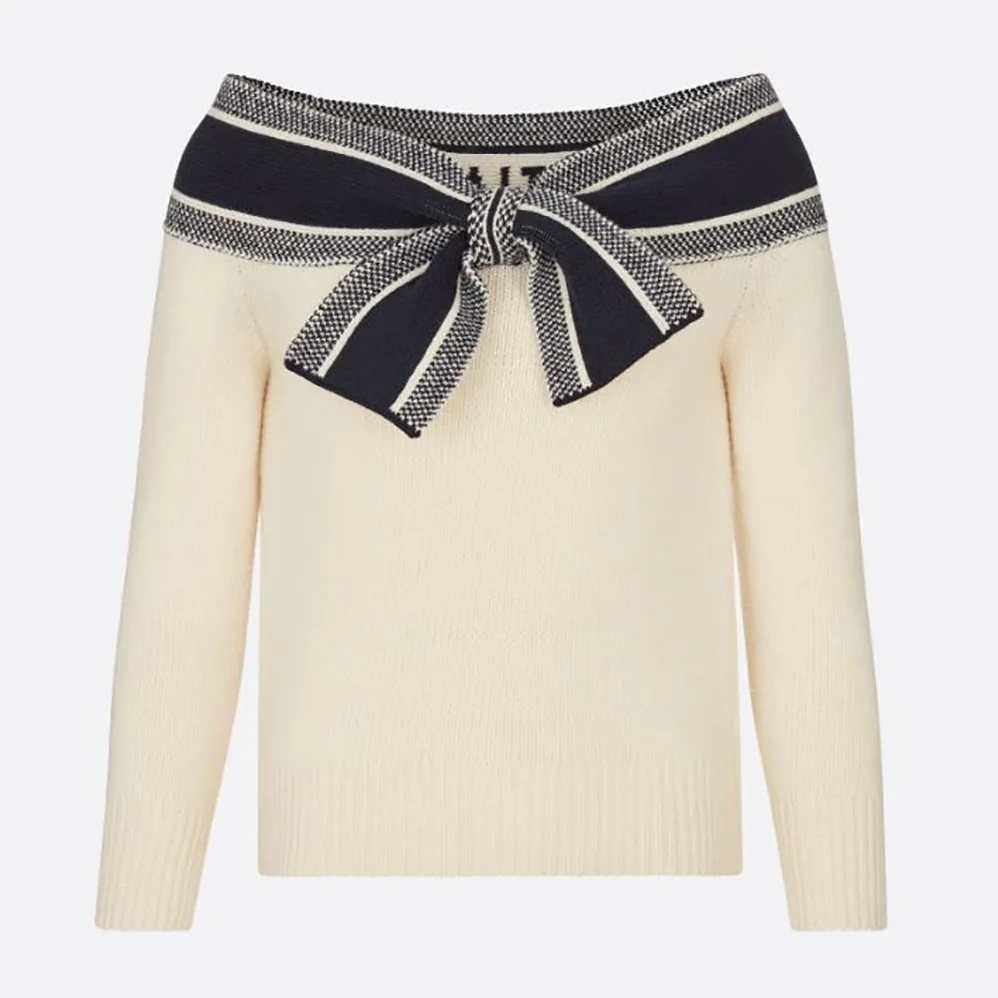 Dior Sailor Collar Tied Sweater Ecru Cashmere and Wool Knit for Women Dior Sailor Collar Tied Sweater Ecru Cashmere and Wool Knit for Women