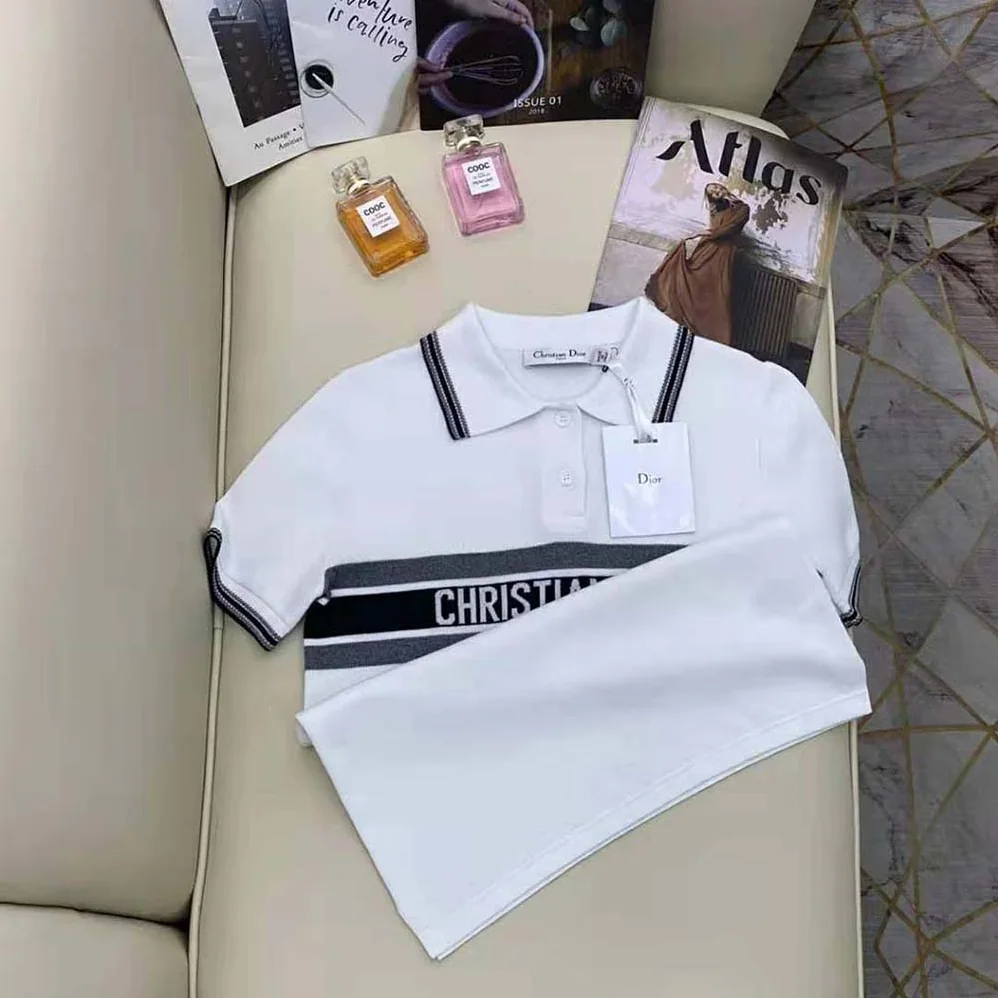 Dior Polo Shirt White and Navy Blue Cotton Jersey for Women Dior Polo Shirt White and Navy Blue Cotton Jersey for Women