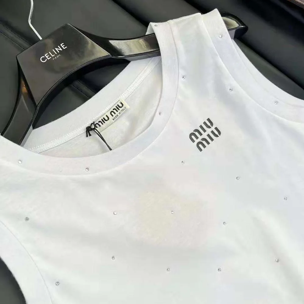 Miu Miu Cotton Top with Crystals with Embroidered Logo for Women in White Miu Miu Cotton Top with Crystals with Embroidered Logo for Women in White