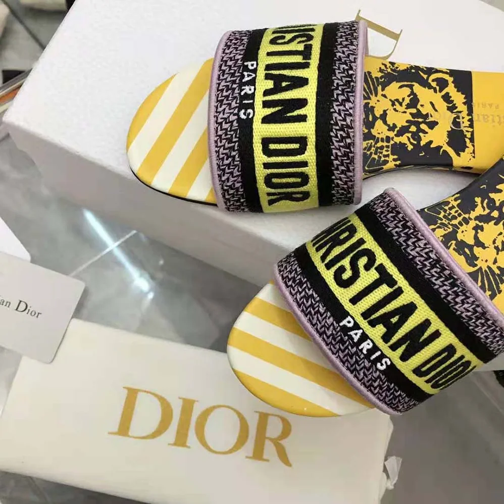 Dior Dway Slide Bright Yellow and Pink D for Women in Jungle Pop Cotton Embroidery Dior Dway Slide Bright Yellow and Pink D for Women in Jungle Pop Cotton Embroidery
