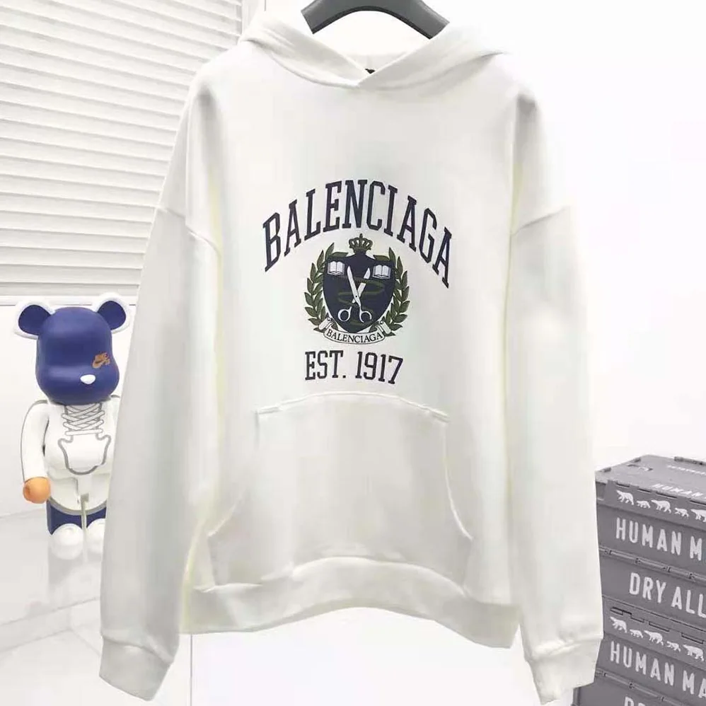 Balenciaga College Wide Fit Hoodie in off-white and Dark Blue Medium Fleece for Men Balenciaga College Wide Fit Hoodie in off-white and Dark Blue Medium Fleece for Men