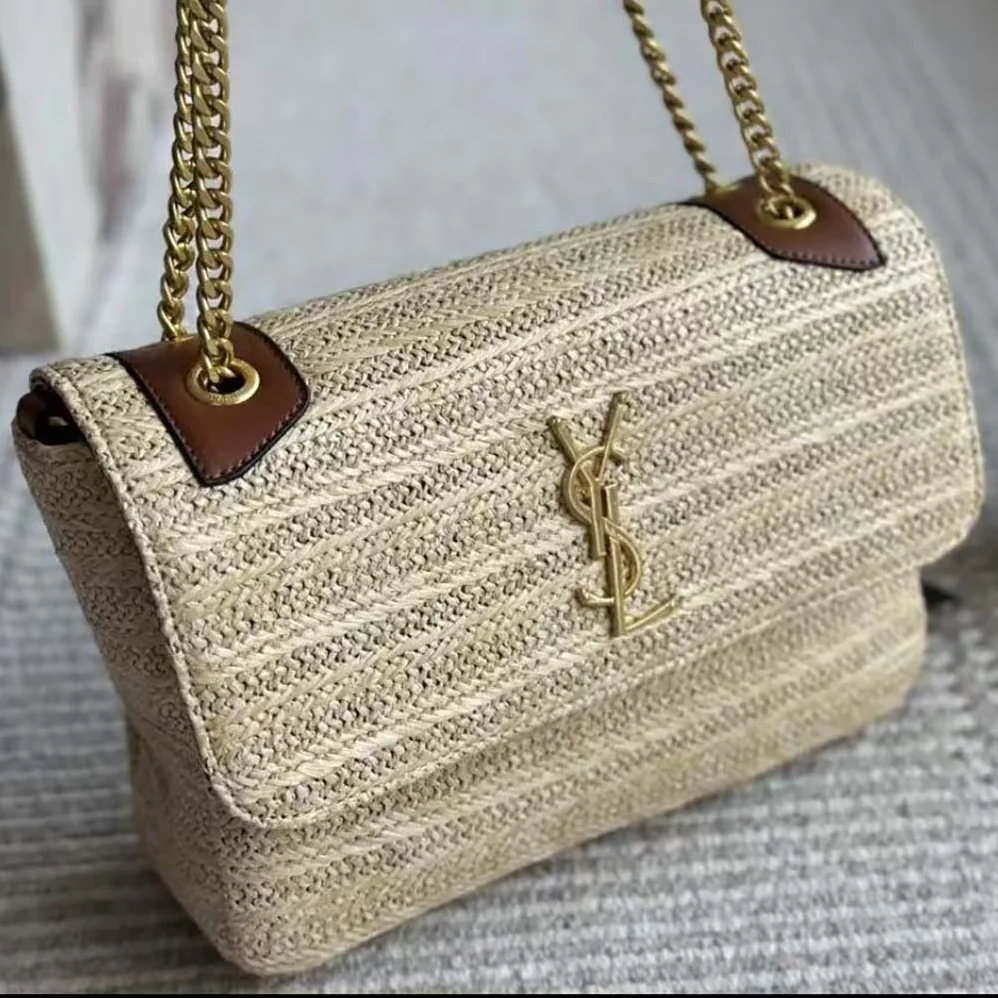 Saint Laurent YSL Niki Medium Chain Bag in Raffia and Leather for Women in Natural Saint Laurent YSL Niki Medium Chain Bag in Raffia and Leather for Women in Natural