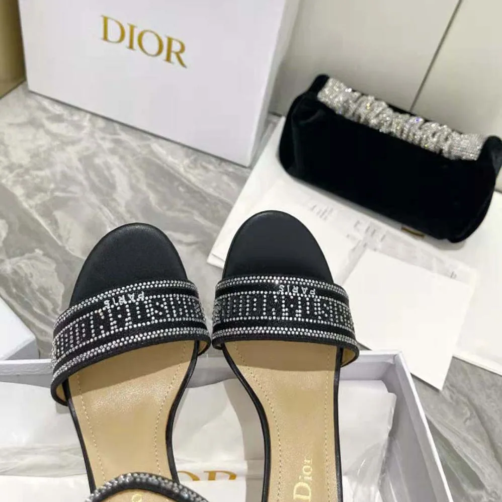 Dior Dway Heeled Sandal Black Cotton Embroidered with Thread and Silver for Women in Tone Strass