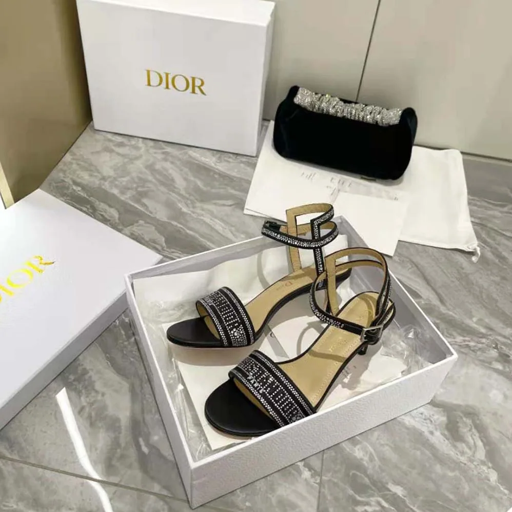 Dior Dway Heeled Sandal Black Cotton Embroidered with Thread and Silver for Women in Tone Strass