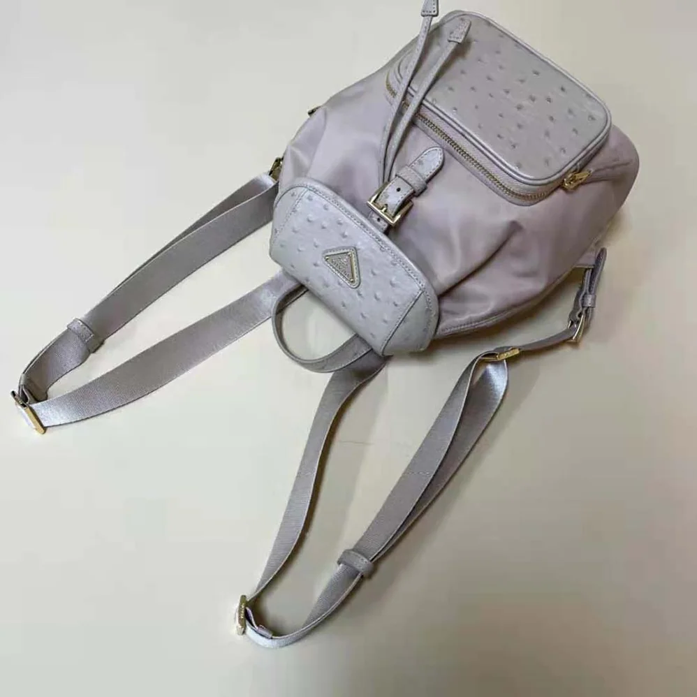 Prada Re-Nylon and Ostrich Leather Backpack for Women in Pink Prada Re-Nylon and Ostrich Leather Backpack for Women in Pink