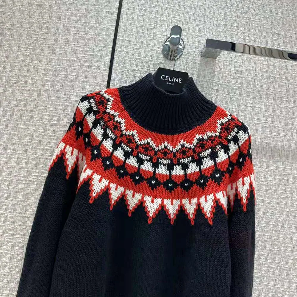 Celine High-Neck Sweater in Fair Isle Cashmere for Women Celine High-Neck Sweater in Fair Isle Cashmere for Women