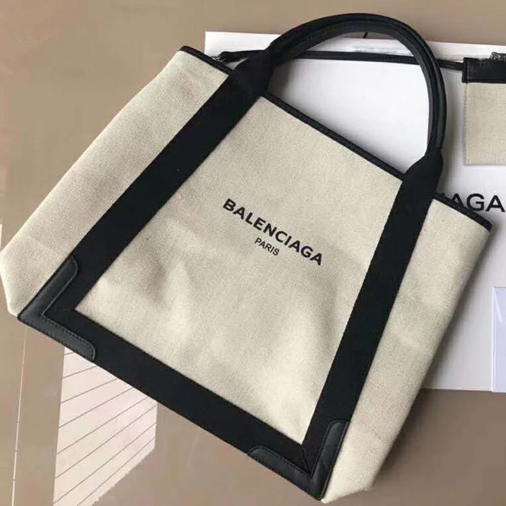 Balenciaga Navy Cabas M Large Size Cotton Canvas Calfskin for Women