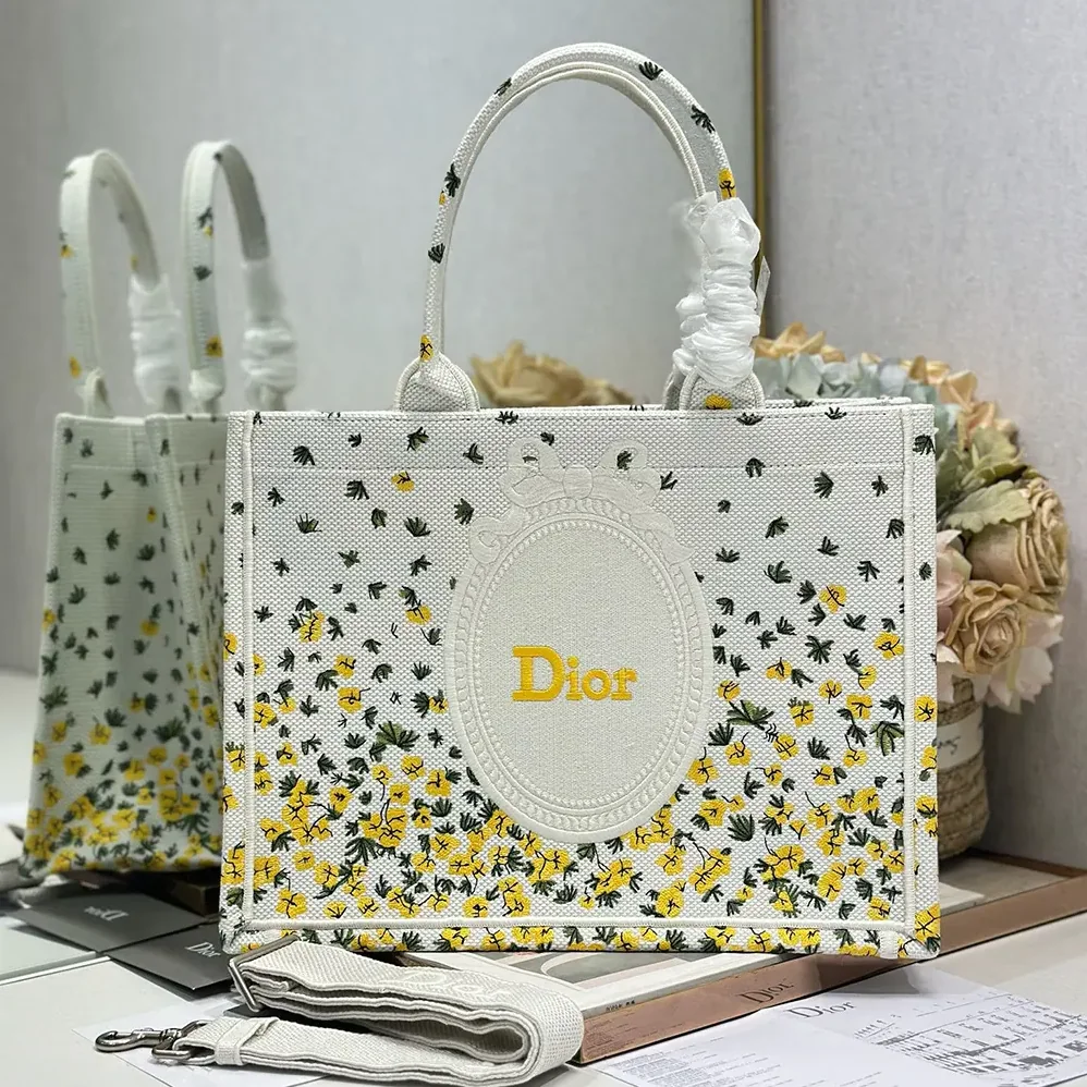 Dior Medium Dior Book Tote with Strap Buttercup Dior Embroidery and White Dior Médaillon for Women Dior Medium Dior Book Tote with Strap Buttercup Dior Embroidery and White Dior Médaillon for Women