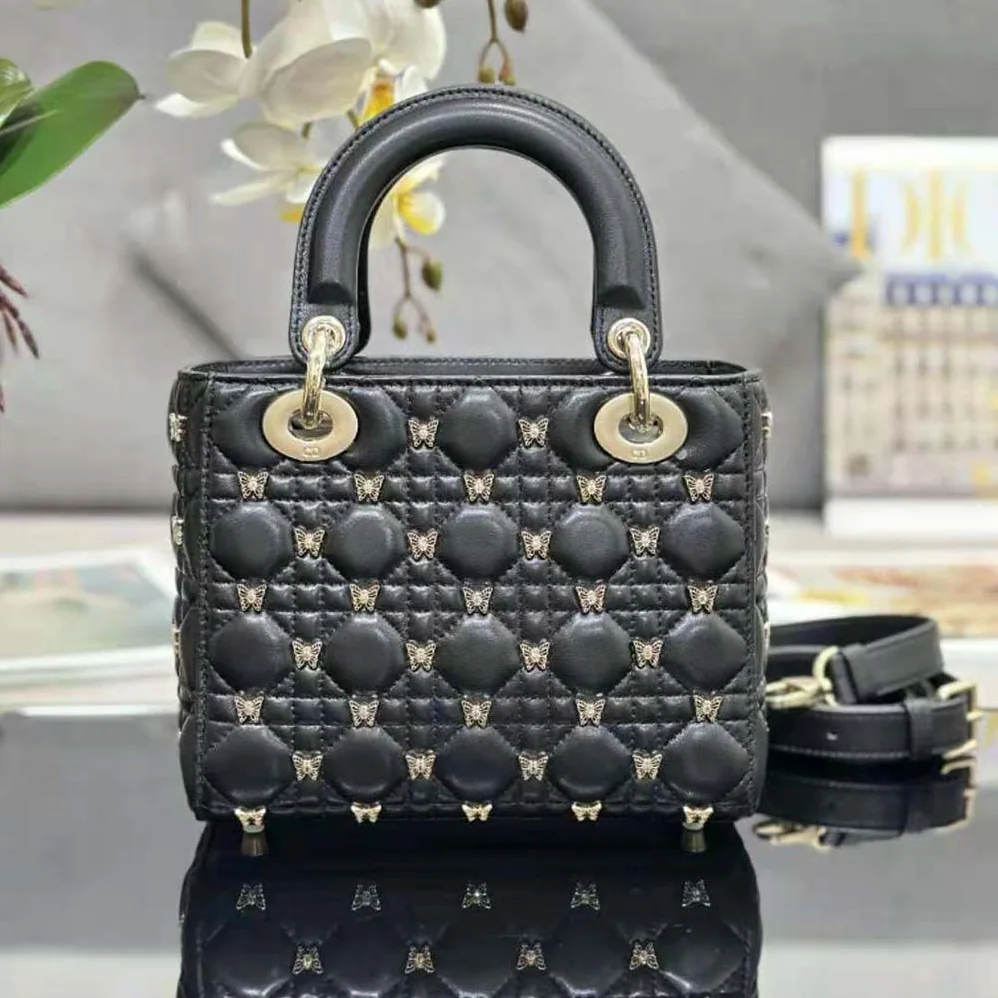 Dior Small Lady Dior Bag Black Cannage Lambskin with Gold for Women in Finish Butterfly Studs