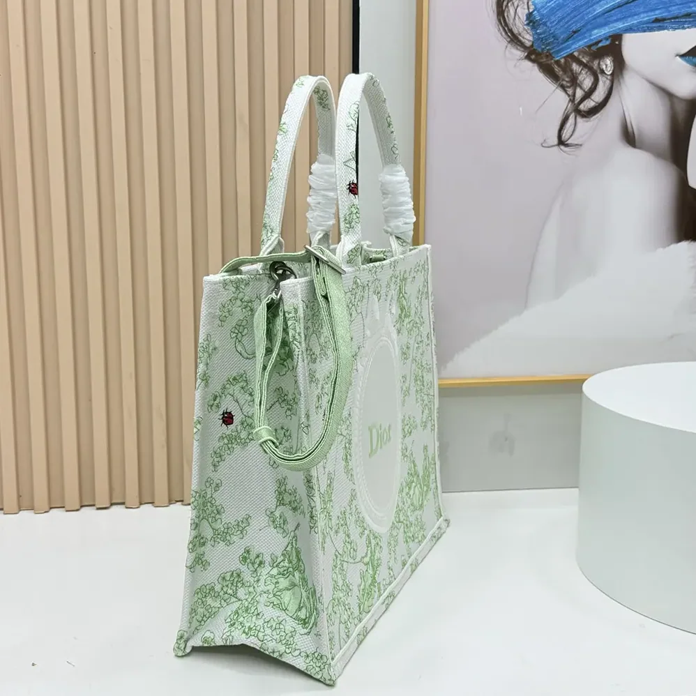 Dior Medium Dior Book Tote with Strap Green Multicolor Toile de Jouy Clover Embroidery for Women