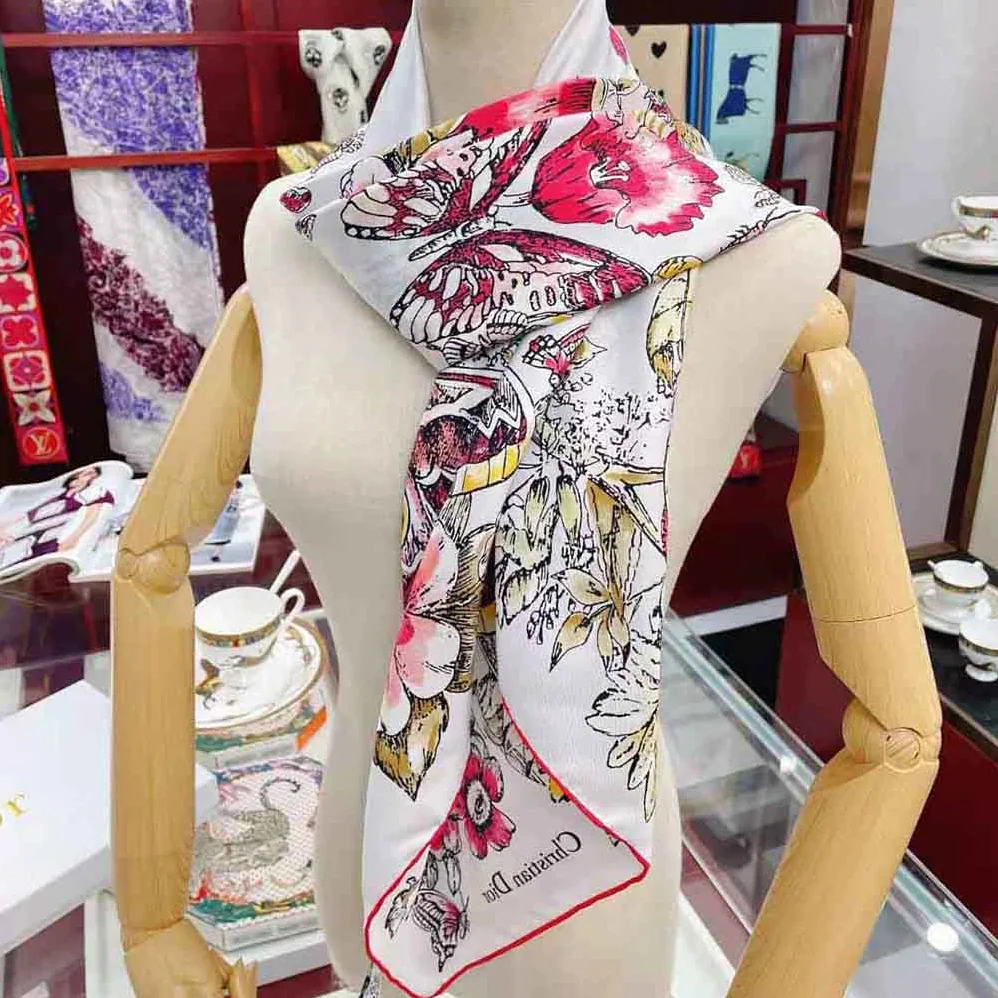 Dior Square Scarf Lvory Silk Twill with Multicolor Butterfly Motif for Women