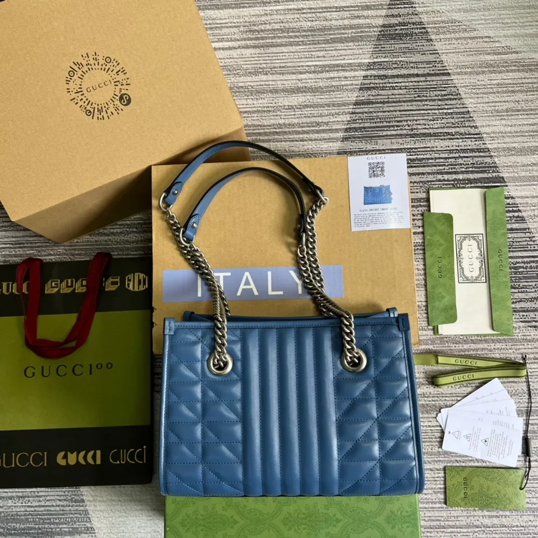 Gucci Marmont Small Matelasse Tote Bag in Blue Palladium Hardware