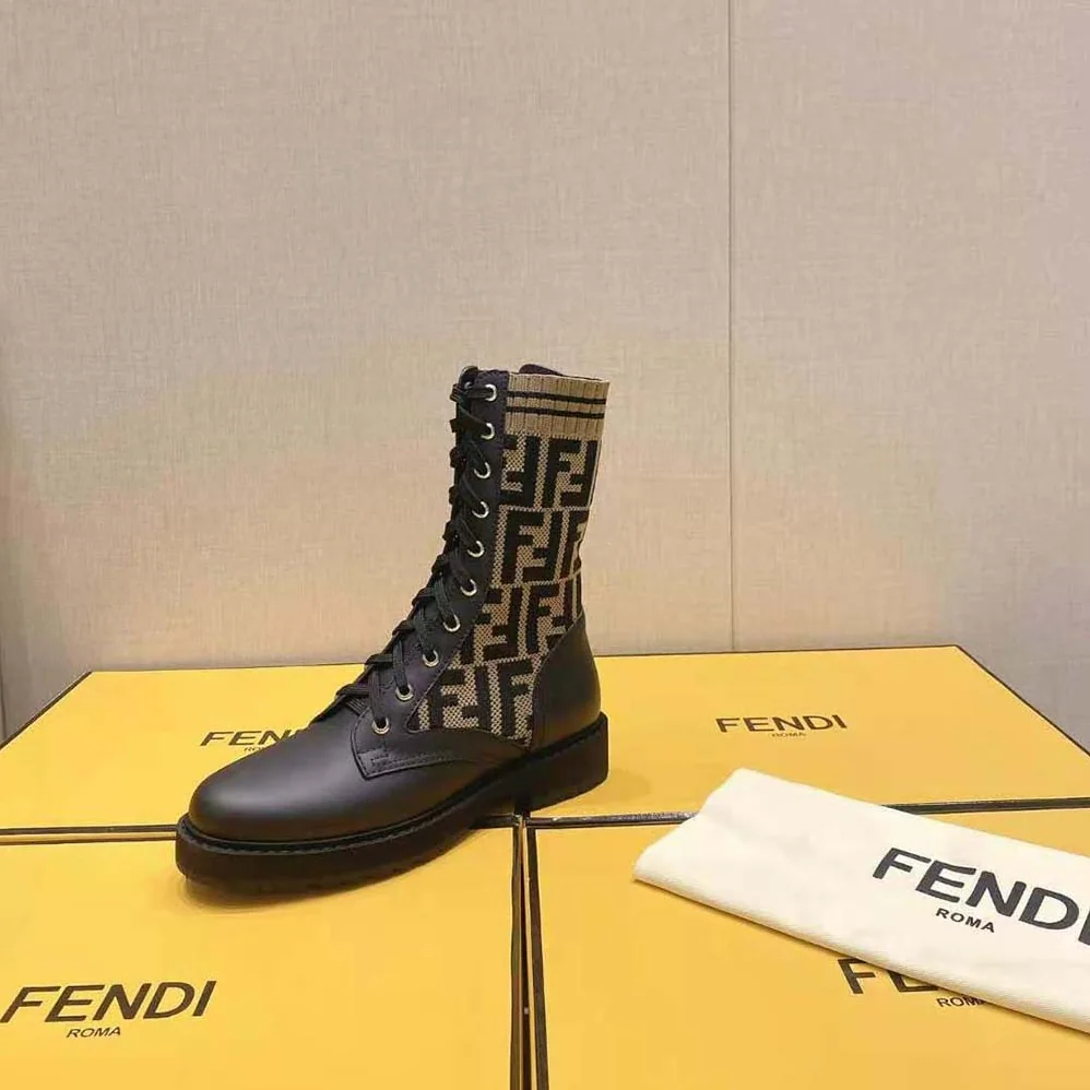 Fendi Rockoko Black/Brown Leather Biker Boots with Stretch Fabric for Women