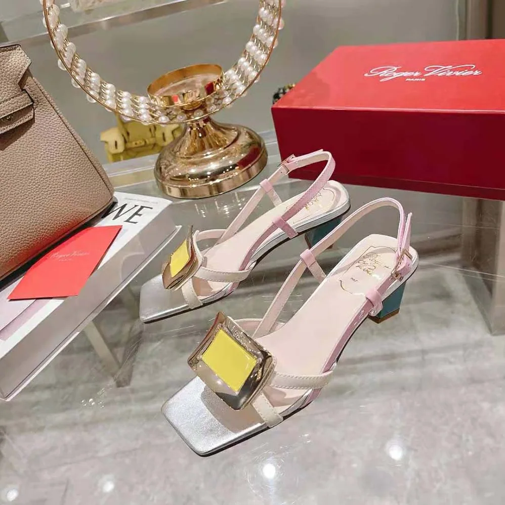 Roger Vivier Belle Vivier Metal Buckle Sandals in Patent Leather for Women in Yellow