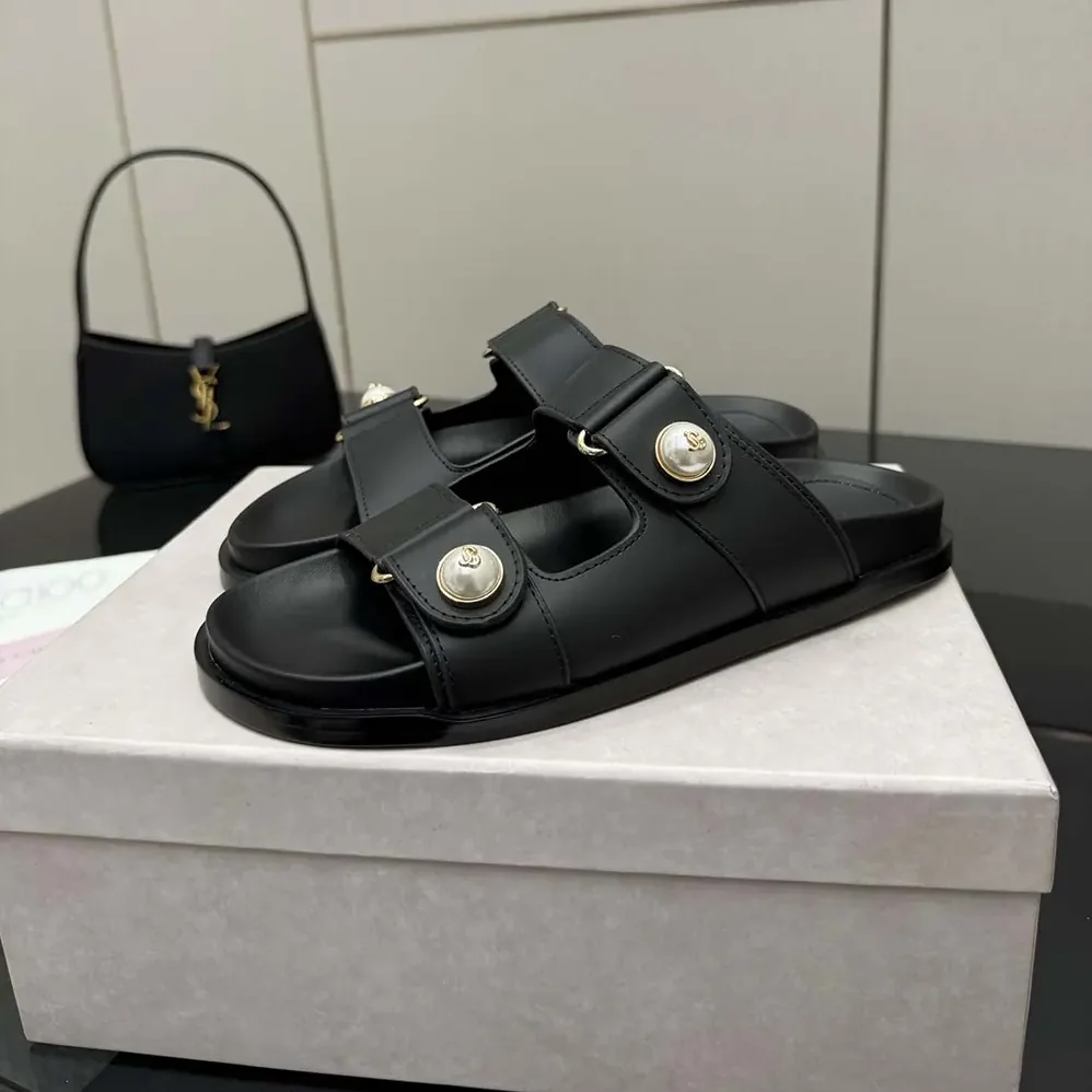 Jimmy Choo Fayence Sandal Black Leather Flat Sandals with Pearl Embellishment for Women