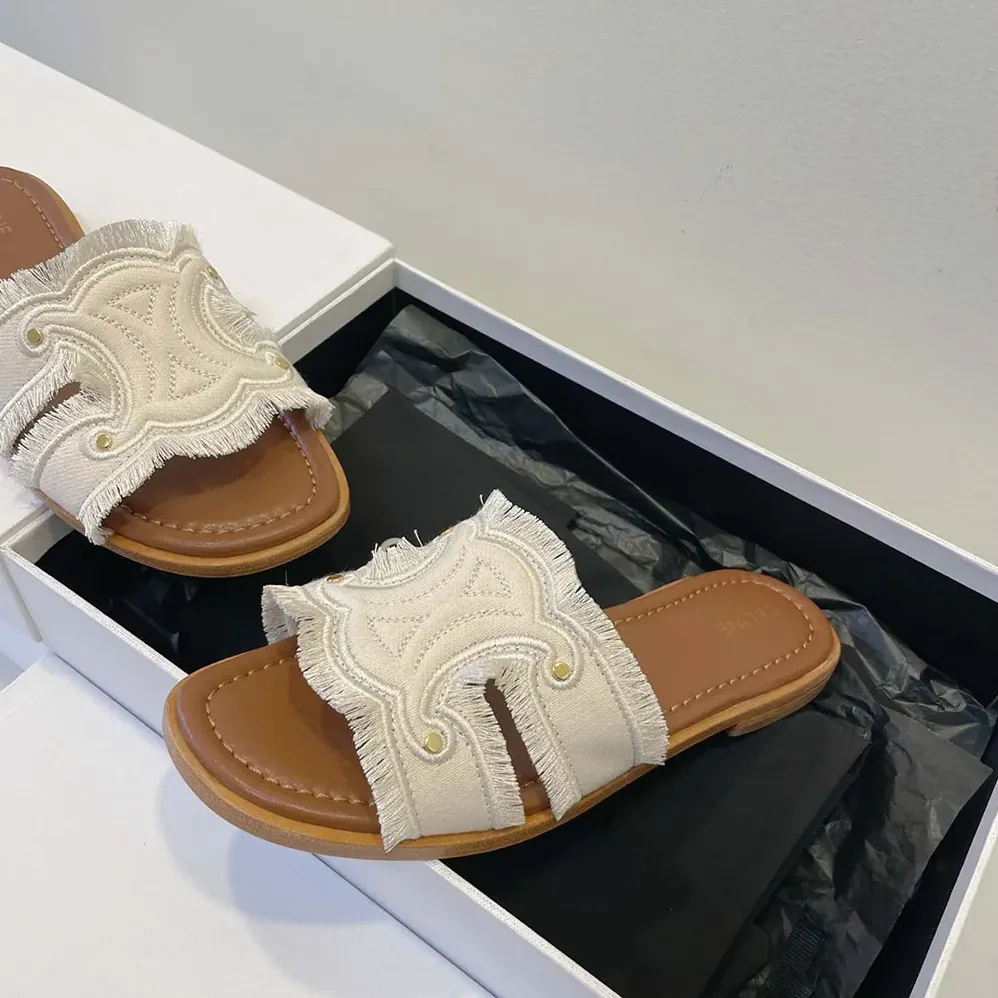 Celine Marina Mule in Fringed Canvas for Women in White