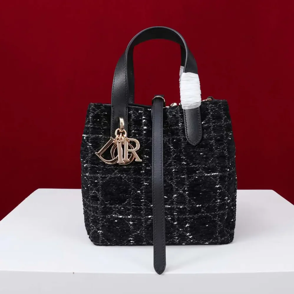 Dior Small Dior Toujours Vertical Tote Bag Black Tweed with White Cannage Motif for Women