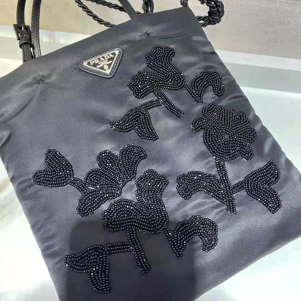 Prada Embroidered Nylon Handbag for Women in Black