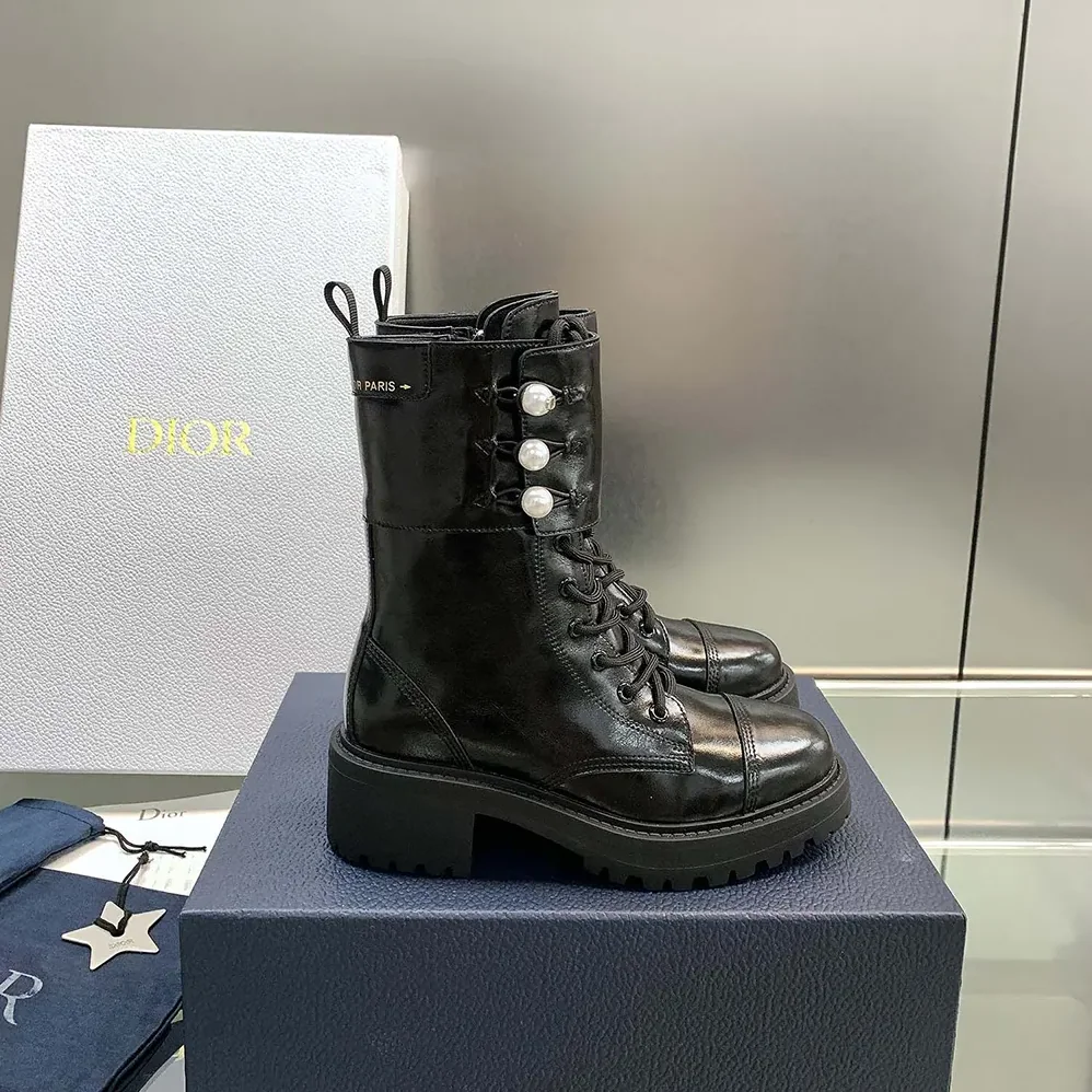 Dior D-Strike Ankle Boot Black Matte Calfskin and White Resin Pearls for Women Dior D-Strike Ankle Boot Black Matte Calfskin and White Resin Pearls for Women