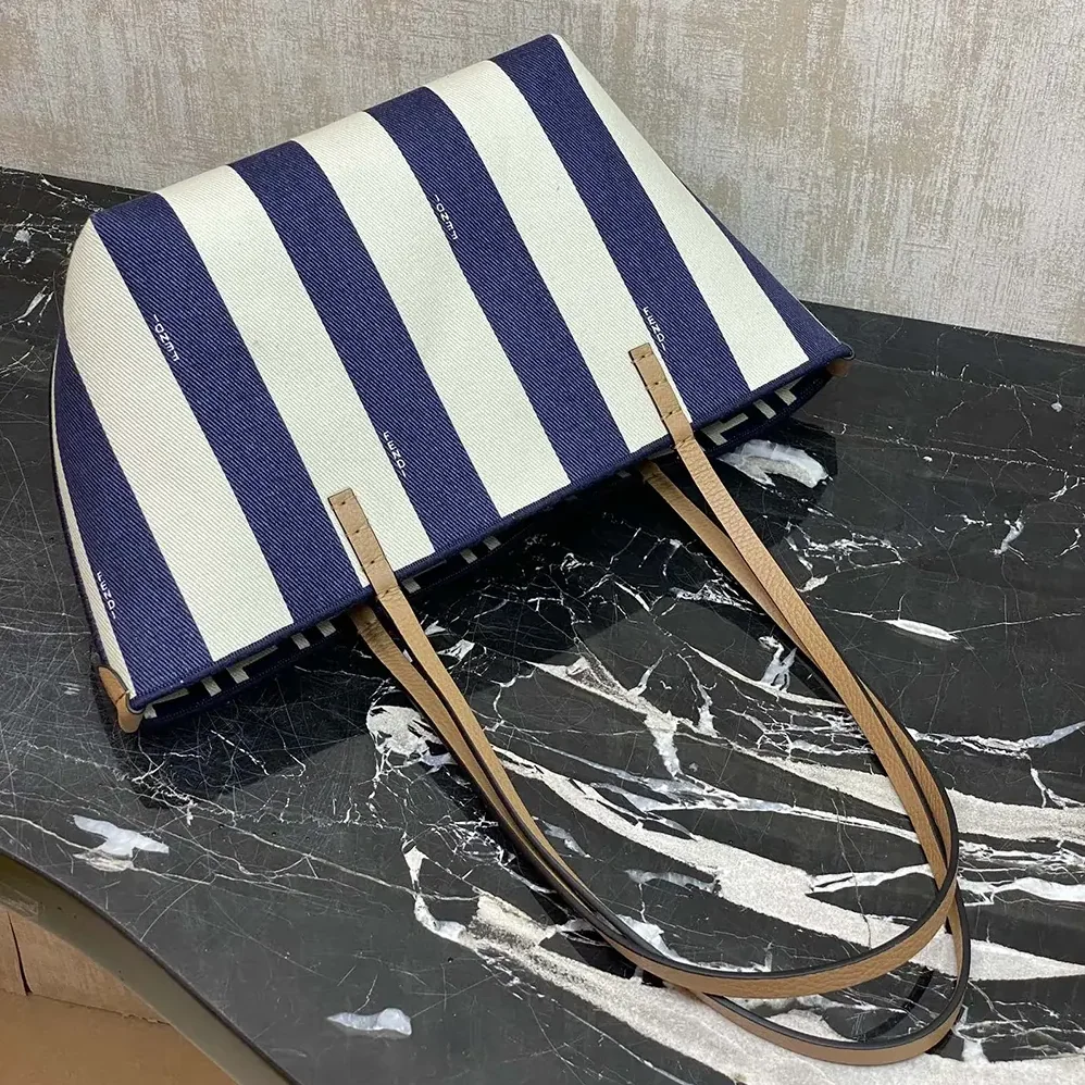 Fendi Small Roll Reversible Shopper in Pequin Striped and Midnight Blue FF Fabric for Women Fendi Small Roll Reversible Shopper in Pequin Striped and Midnight Blue FF Fabric for Women