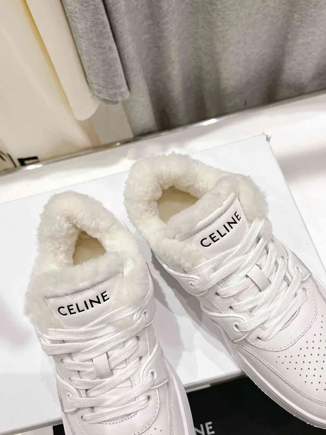 Celine Trainer Low Lace-Up Sneaker With Fur White Celine Trainer Low Lace-Up Sneaker With Fur White
