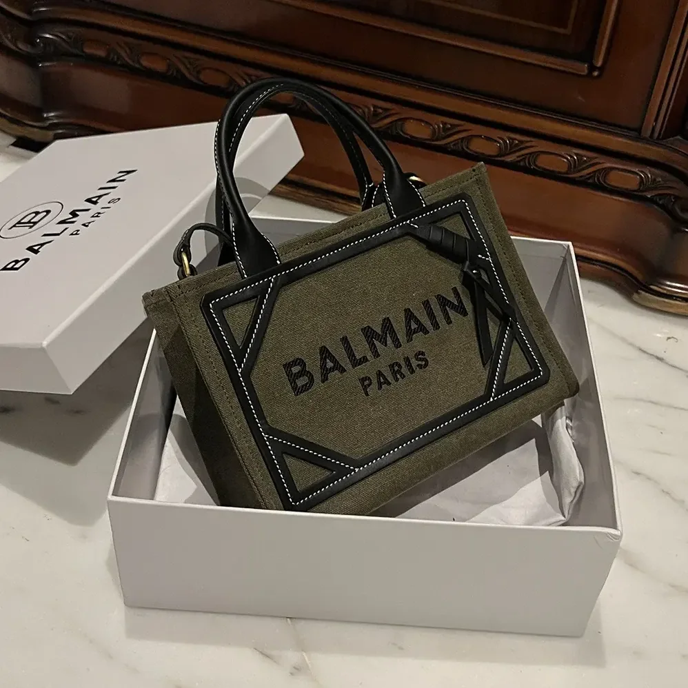 Balmain B-Army Small Canvas Shopping Bag with Leather Inserts for Women Balmain B-Army Small Canvas Shopping Bag with Leather Inserts for Women