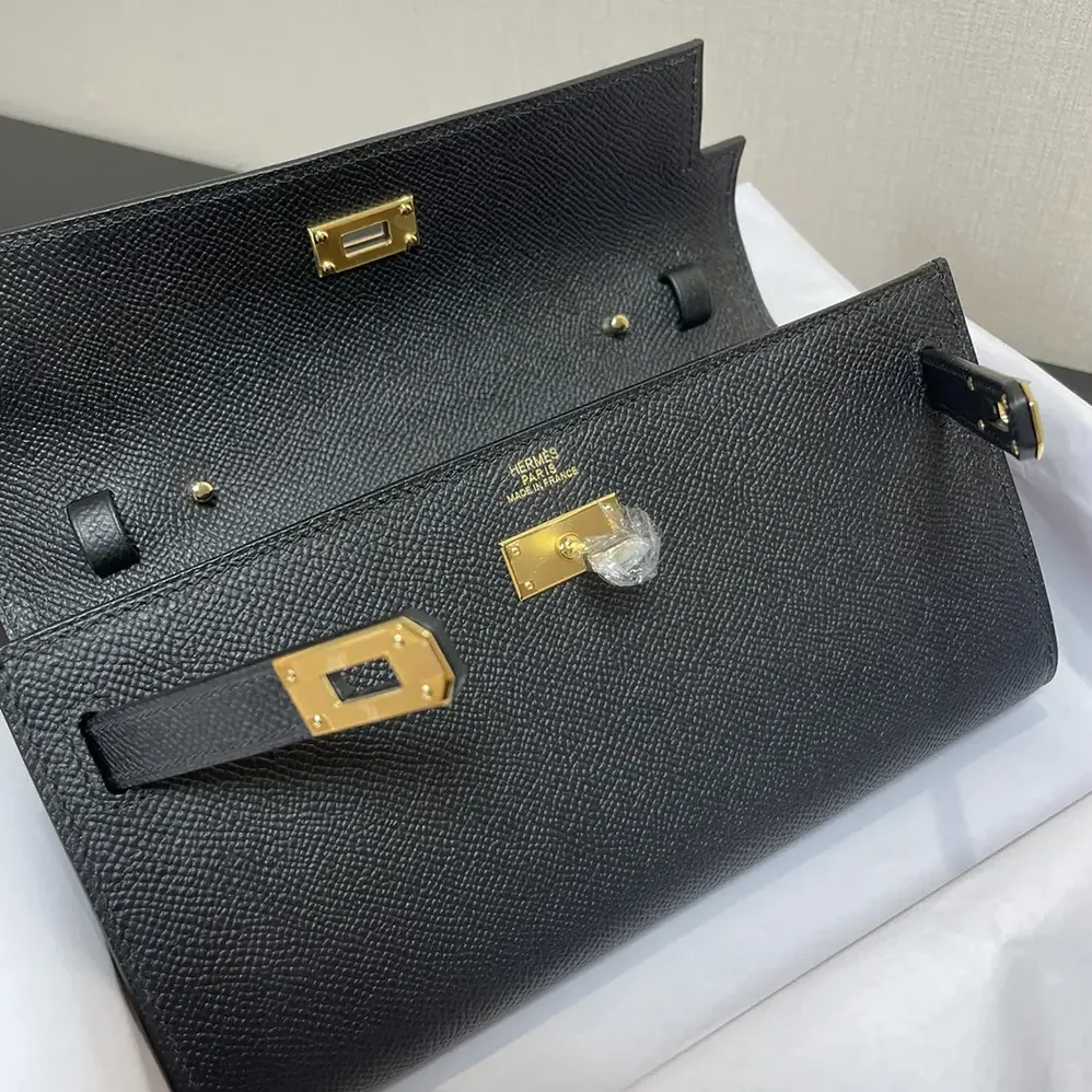 Hermes Kelly To Go in Epsom Leather for Women in Black/Gold Hermes Kelly To Go in Epsom Leather for Women in Black/Gold
