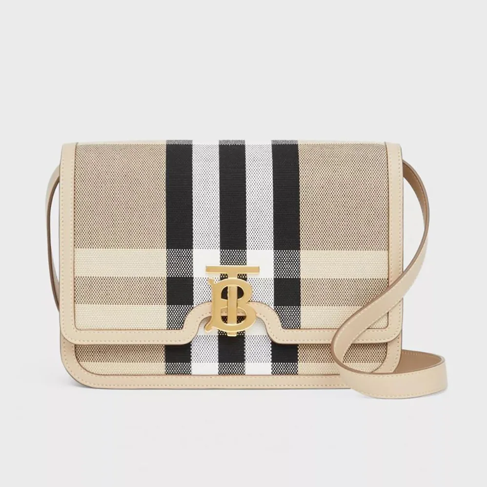Burberry Medium Check Canvas and Leather TB Bag for Women in Beige Burberry Medium Check Canvas and Leather TB Bag for Women in Beige