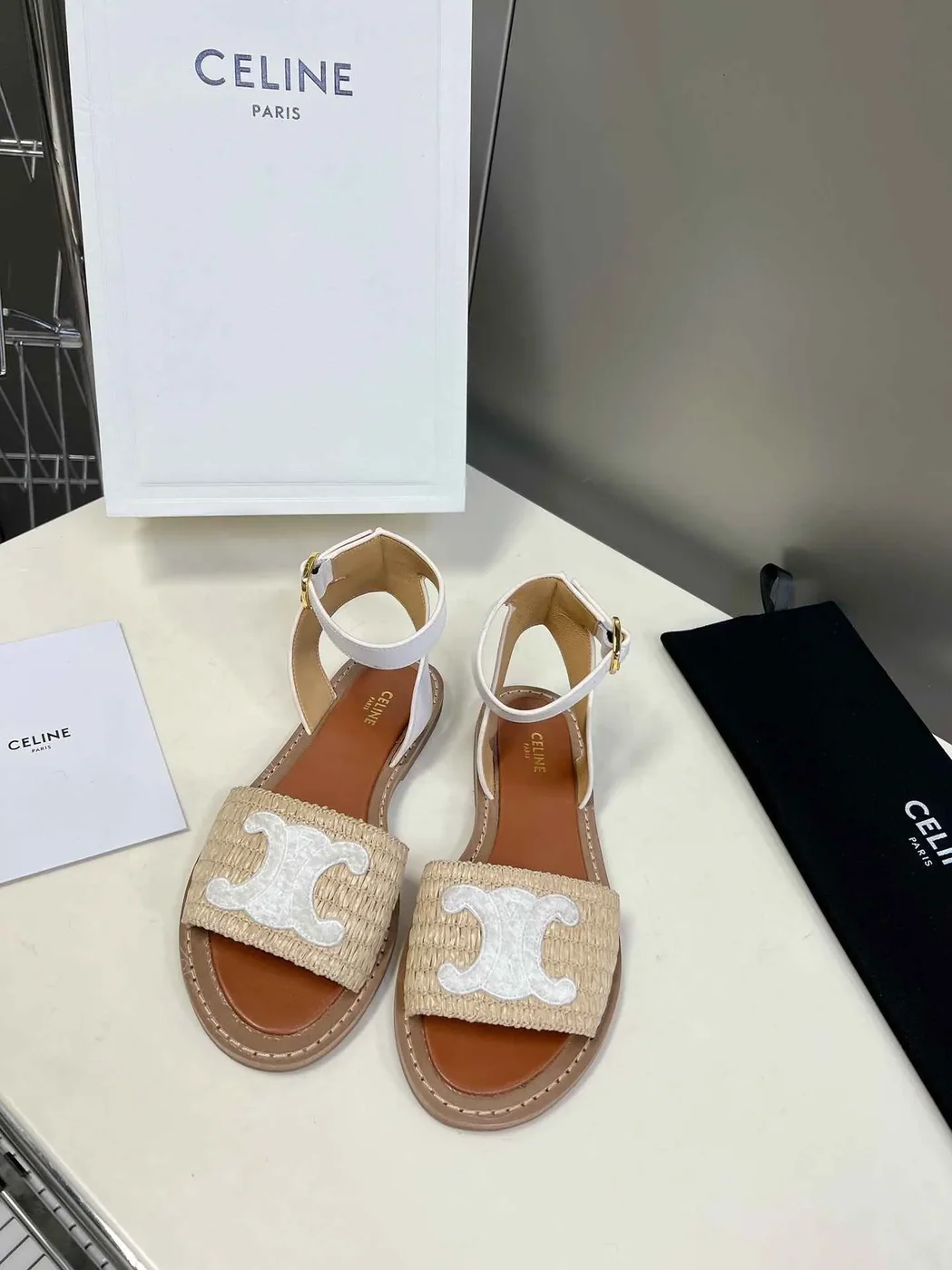 Celine Lympia Flat Strap Sandal In Raffia White .02GH