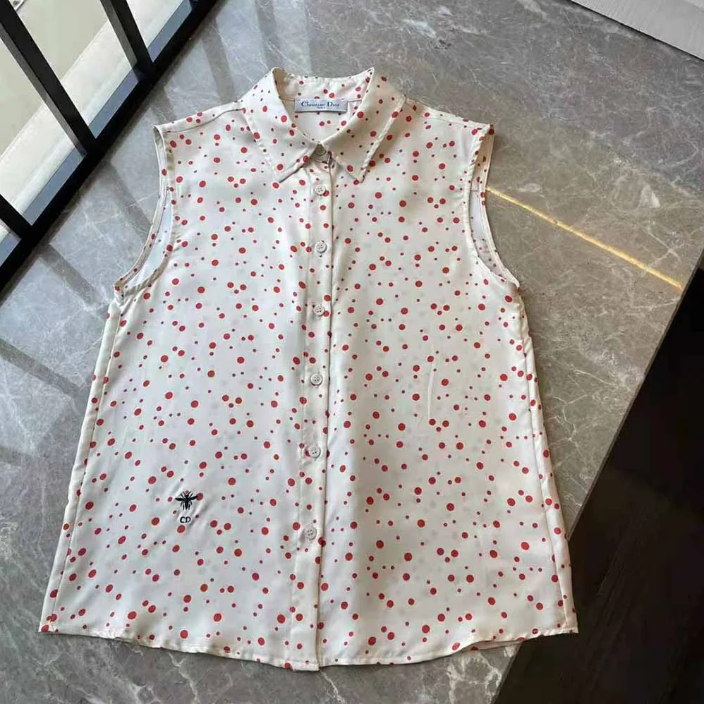 Dior Sleeveless Blouse Ecru Habotai Silk with Raspberry Pop Dots for Women Dior Sleeveless Blouse Ecru Habotai Silk with Raspberry Pop Dots for Women