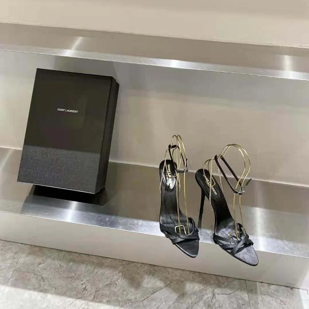 Saint Laurent YSL Melody Sandals in Crepe Satin for Women in Black Saint Laurent YSL Melody Sandals in Crepe Satin for Women in Black