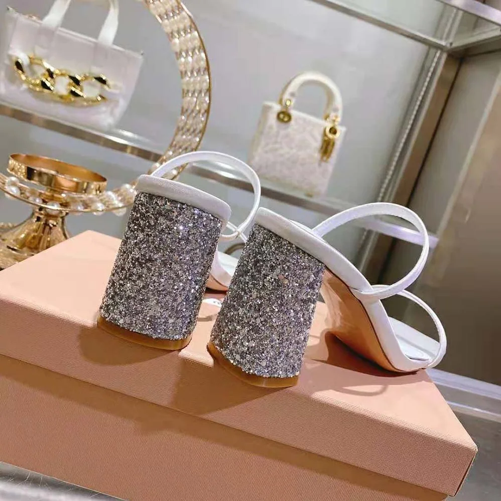 Miu Miu Satin and Glitter Slides in 85 mm Heel Height for Women in White Miu Miu Satin and Glitter Slides in 85 mm Heel Height for Women in White