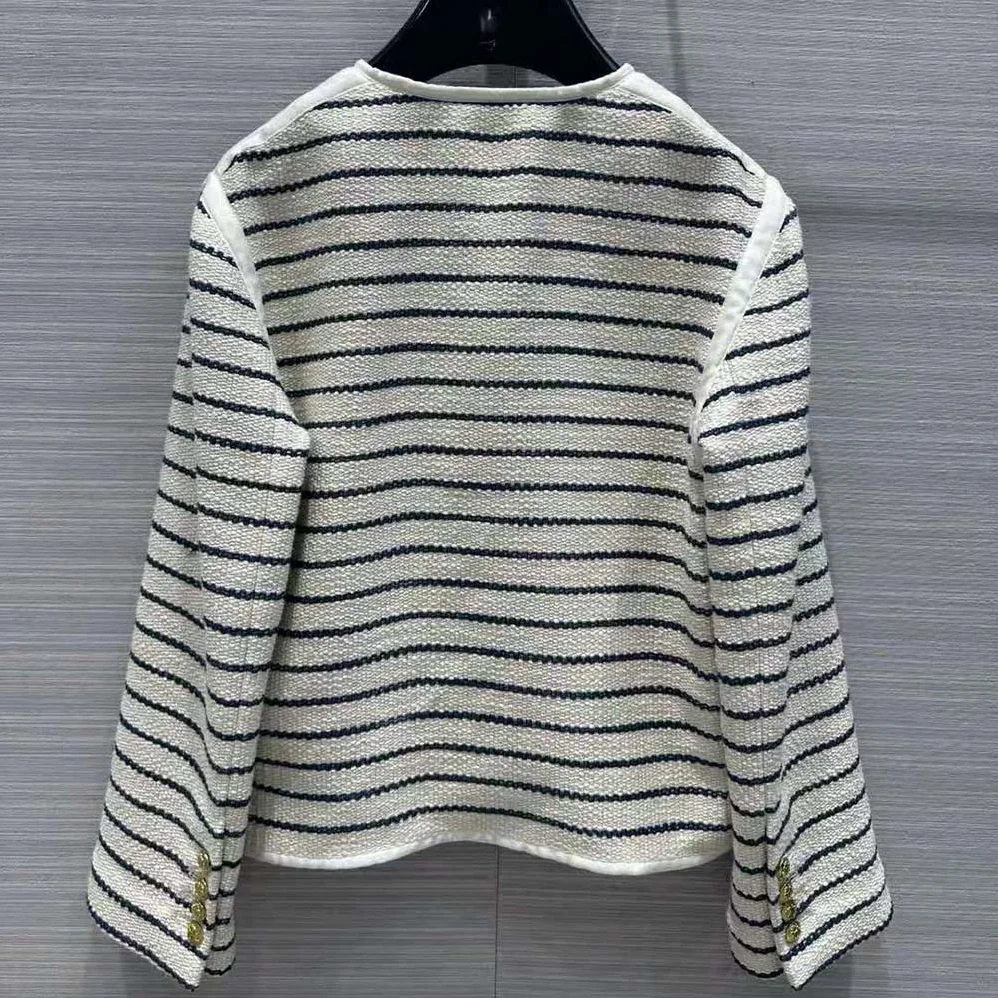 Celine Cardigan Jacket with Leather Details in Striped Cotton for Women Celine Cardigan Jacket with Leather Details in Striped Cotton for Women