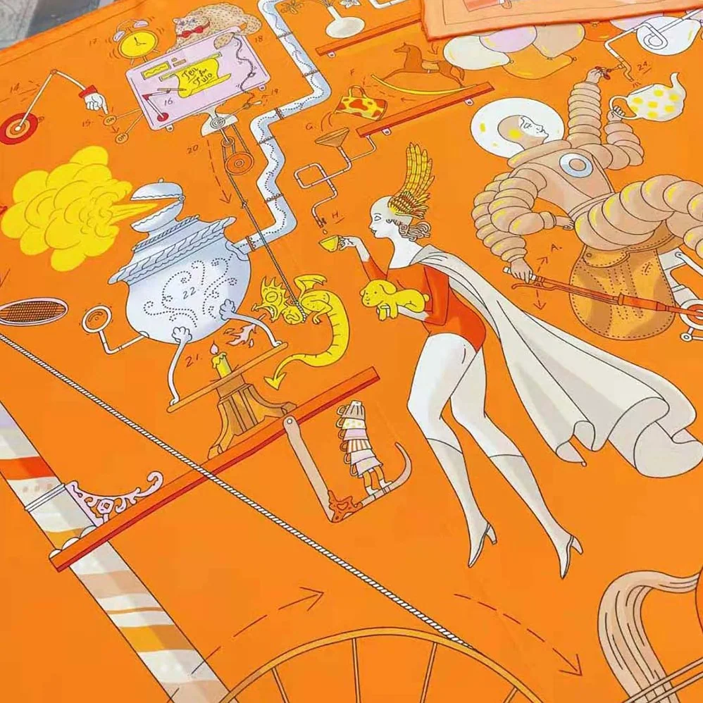 Hermes Tea for Two Scarf 90 in Silk Twill with Hand-Rolled Edges for Women in Orange Hermes Tea for Two Scarf 90 in Silk Twill with Hand-Rolled Edges for Women in Orange