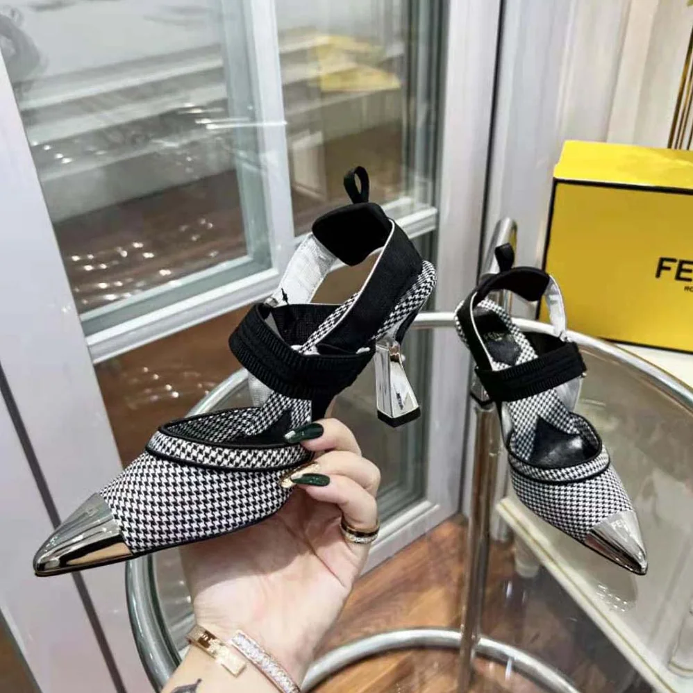 Fendi Colibrì High-Heeled Slingbacks in Black Houndstooth Fabric for Women Fendi Colibrì High-Heeled Slingbacks in Black Houndstooth Fabric for Women