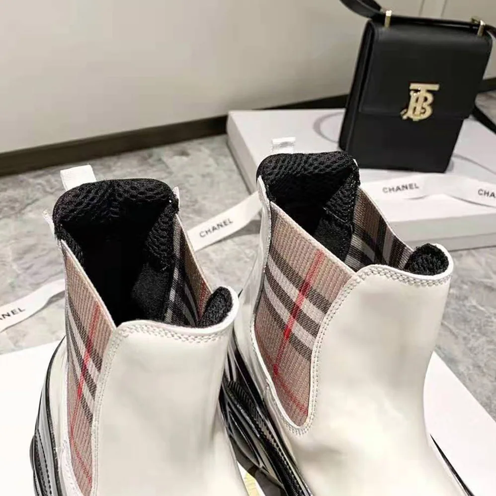 Burberry Vintage Check Detail Coated Canvas Chelsea Boots for Women in White