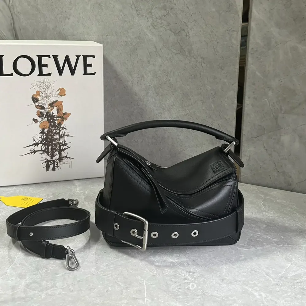 Loewe Small Puzzle Biker Bag in Shiny Calfskin for Unisex in Black