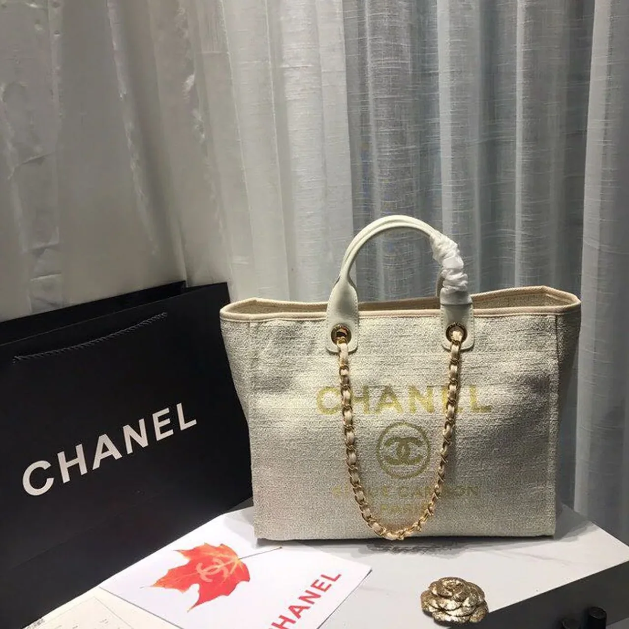 Chanel Deauville Tote Bag / Beige Tweed Canvas Gold Hardware