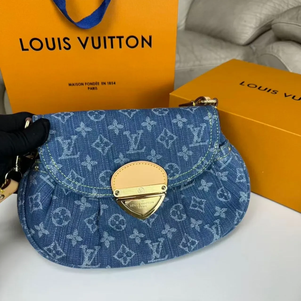 Louis Vuitton Sunset Shoulder Bag in Blue Denim Gold Hardware Louis Vuitton Sunset Shoulder Bag in Blue Denim Gold Hardware