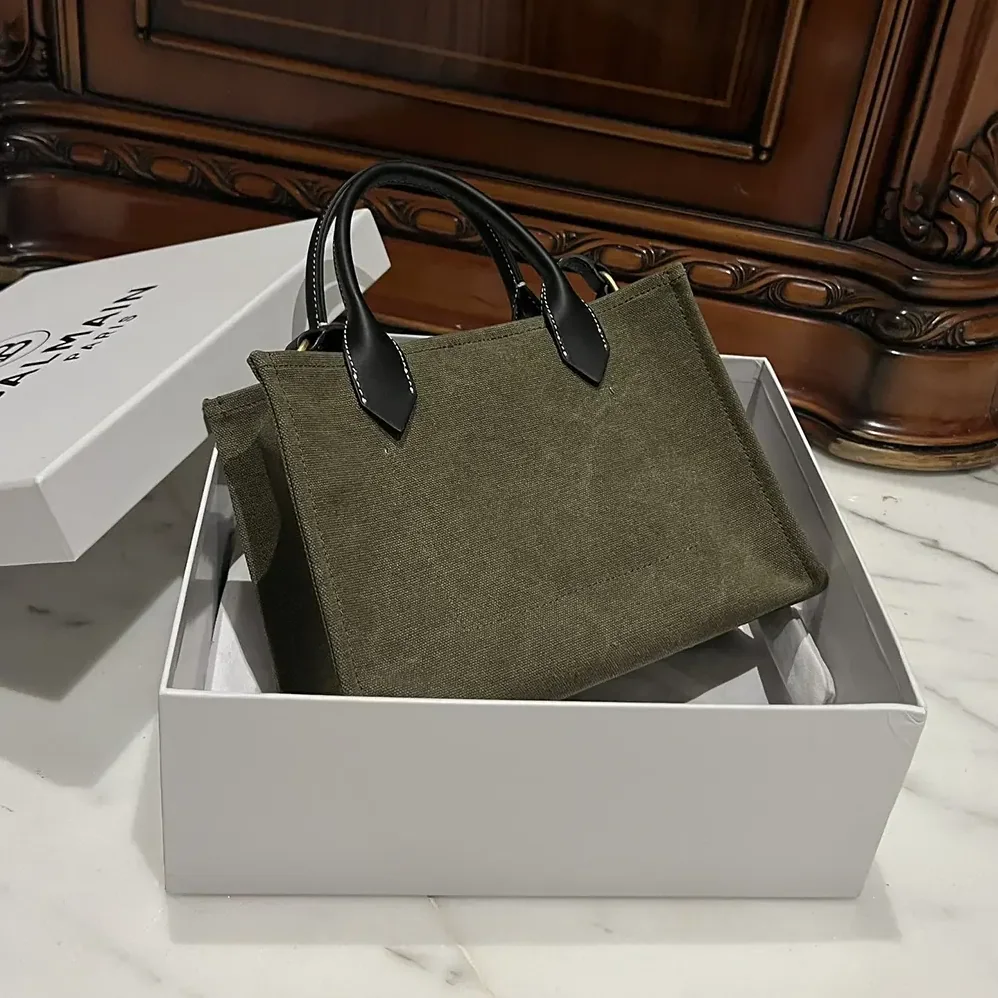 Balmain B-Army Small Canvas Shopping Bag with Leather Inserts for Women Balmain B-Army Small Canvas Shopping Bag with Leather Inserts for Women