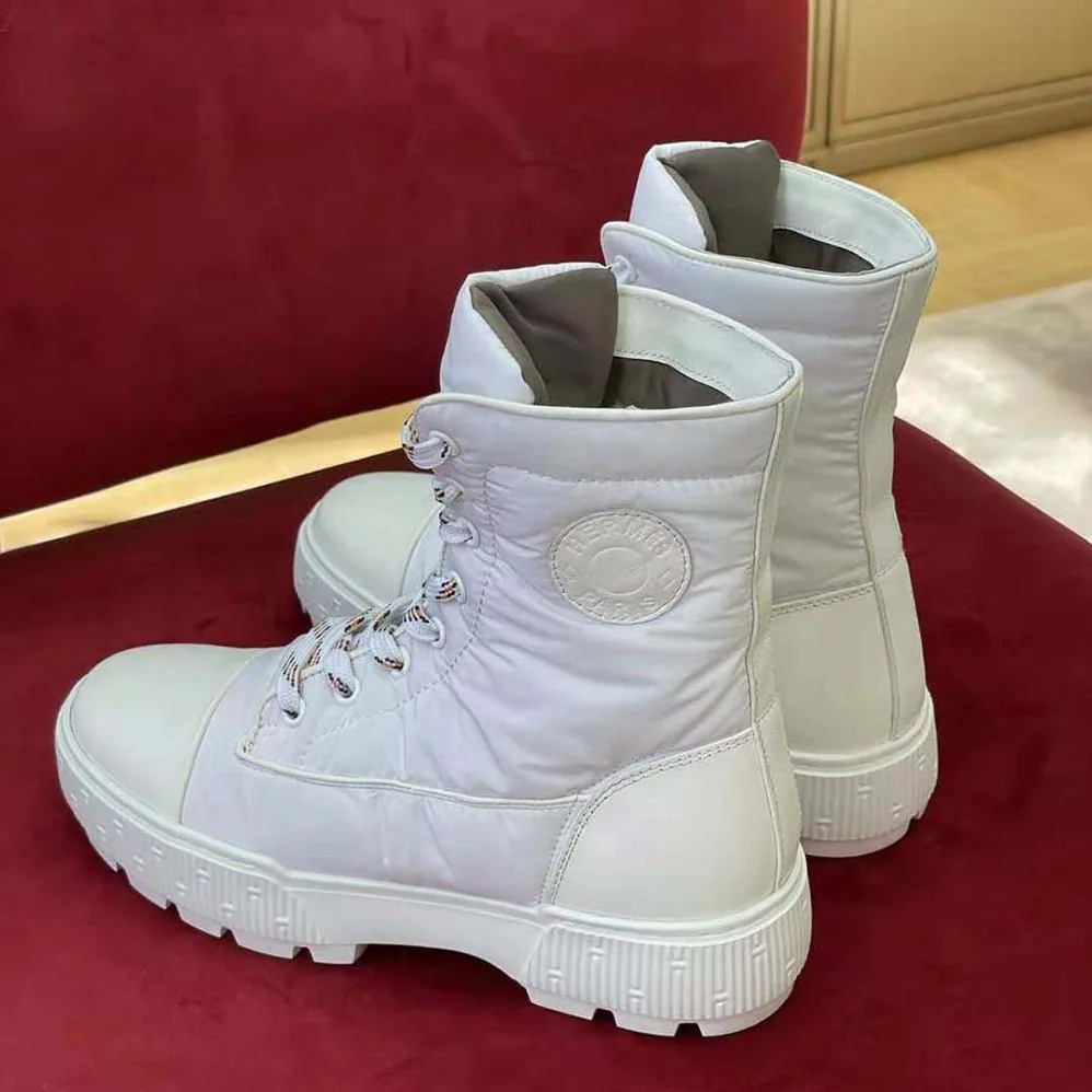 Hermes Fresh Ankle Boot in Calfskin and Light Parachute Fabric with Rubber Sole for Unisex in White