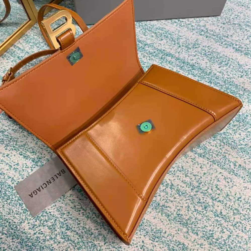 Balenciaga Hourglass Small Top Handle Bag in Shiny Box Calfskin for Women in Brown