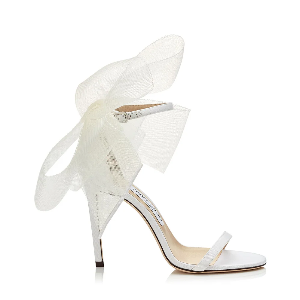 Jimmy Choo Aveline 100 White Sandals with Asymmetric Grosgrain Mesh Fascinator Bows for Women